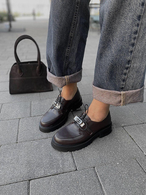 Nikos Туфлі жіночі на низькому ходу класичні з натуральної шкіри на шнурках 2129 шоколадні весн Коломия - фото 2