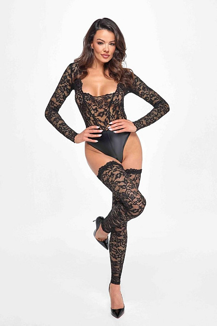 Боді Noir Handmade F296 Psyche, L, мереживо, довгий рукав, низ під латекс, з доступом Sex Aura Київ - фото 3