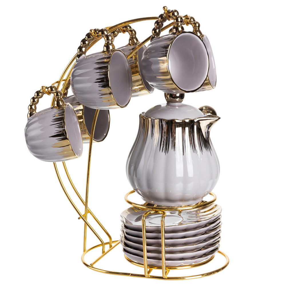 Кофейный сервиз с подставкой, 6 чашек, серый с золотом Киев - изображение 4