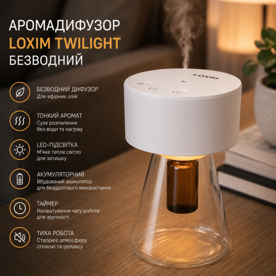 Аромадиффузор LOXIM Twilight безводный для эфирных масел, LED-подсветка, аккумулятор, таймер, белый Киев