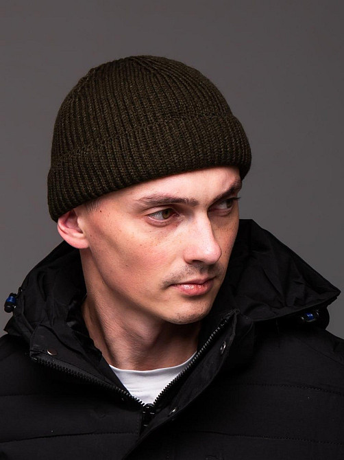Шапка чоловіча в'язана з відворотом демісезонна докер щільна в'язка зелена Одеса - фото 2