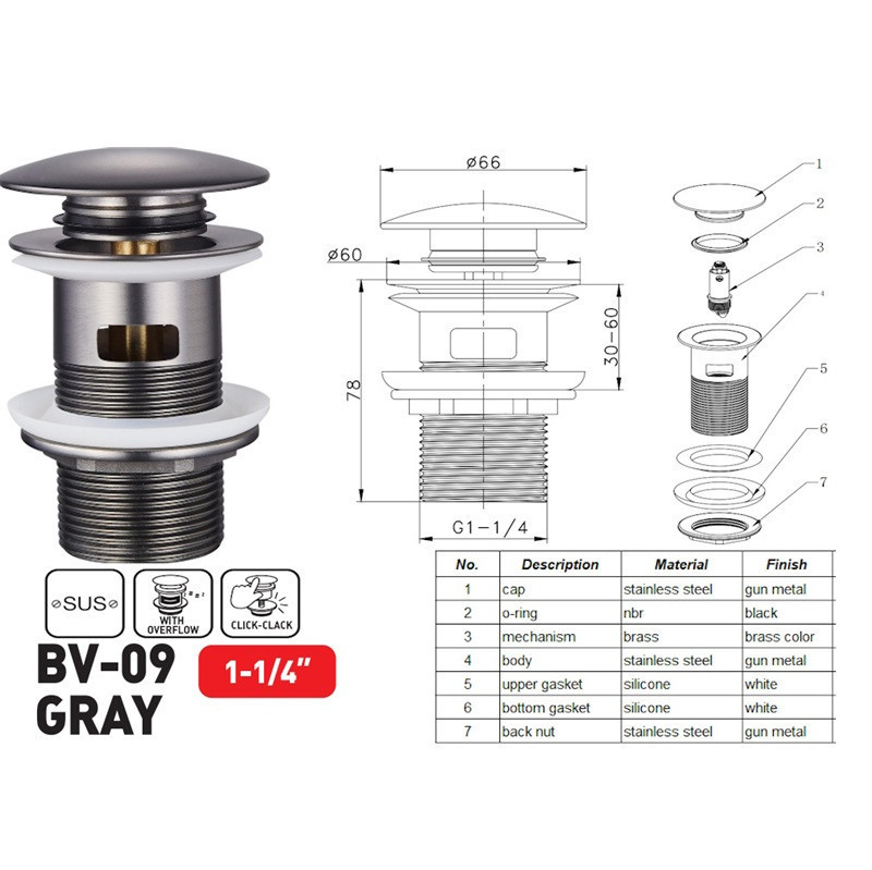 Донний клапан для раковини з переливом Zerix BV-09 GRAY 1 1/4