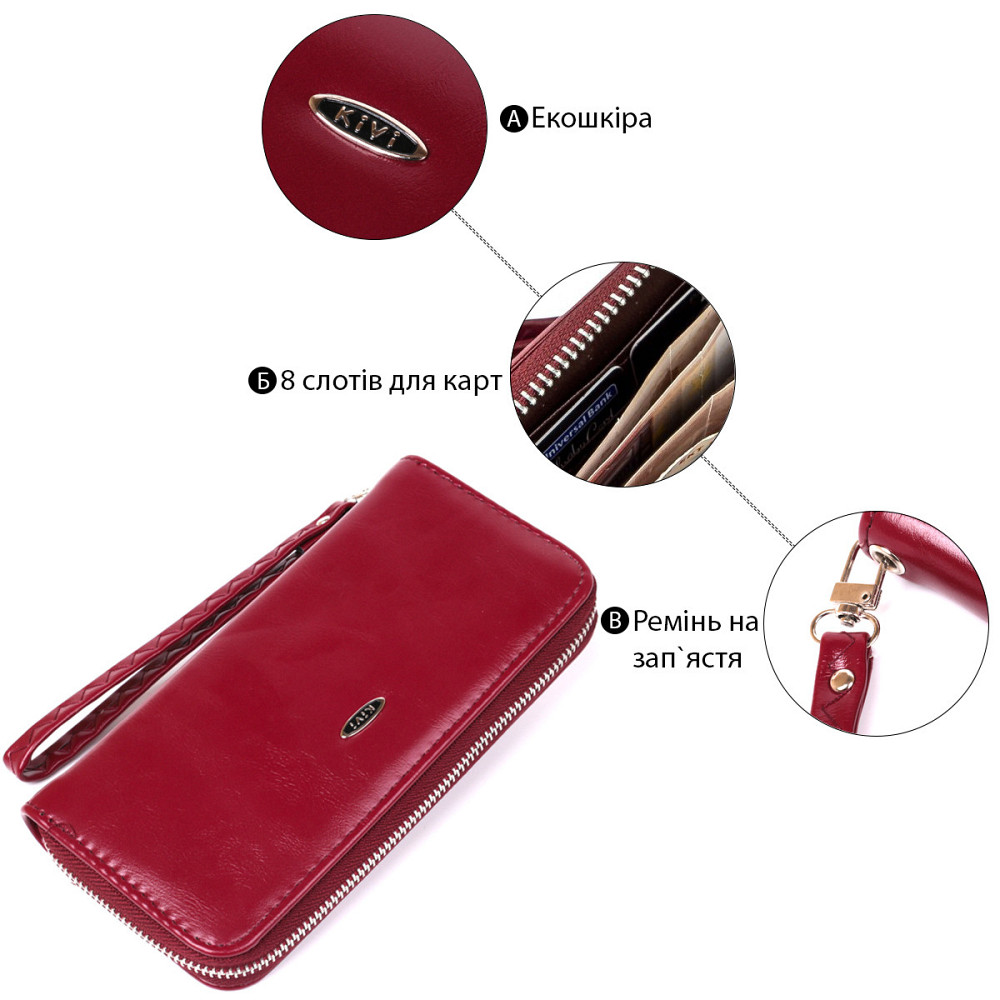 Кошелек женский на одну молнию из экокожи гладкий KIVI 19035 Бордовый Киев - изображение 1