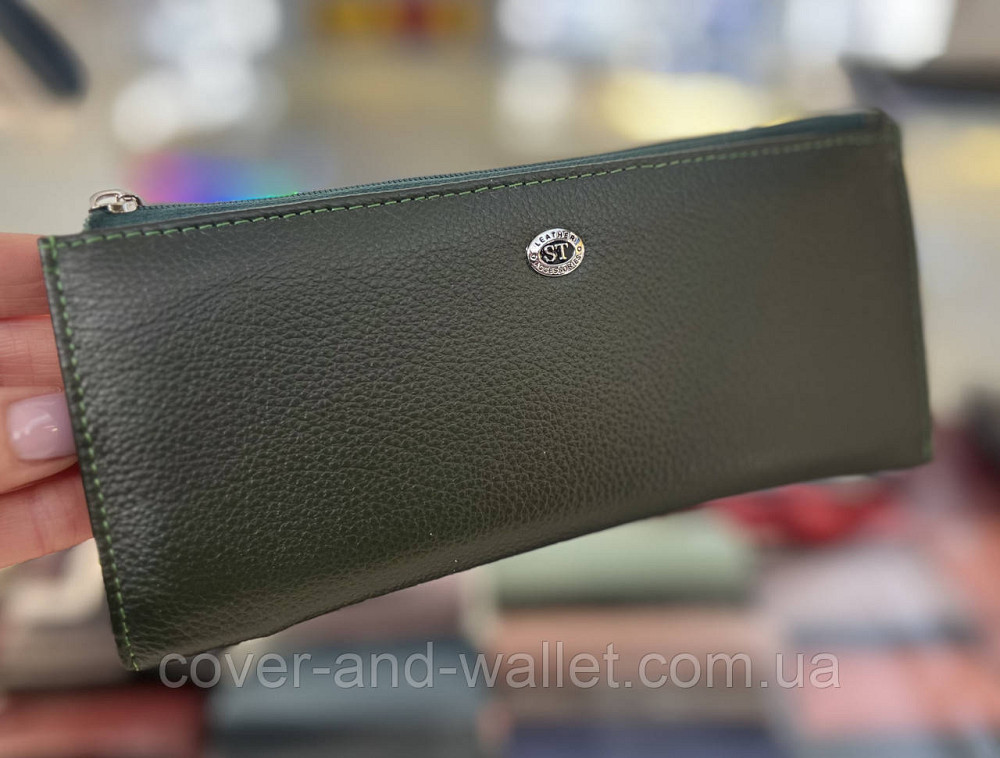 Ультратонкий жіночий гаманець на блискавці з натуральної шкіри зеленого кольору ST Leather Київ - фото 11