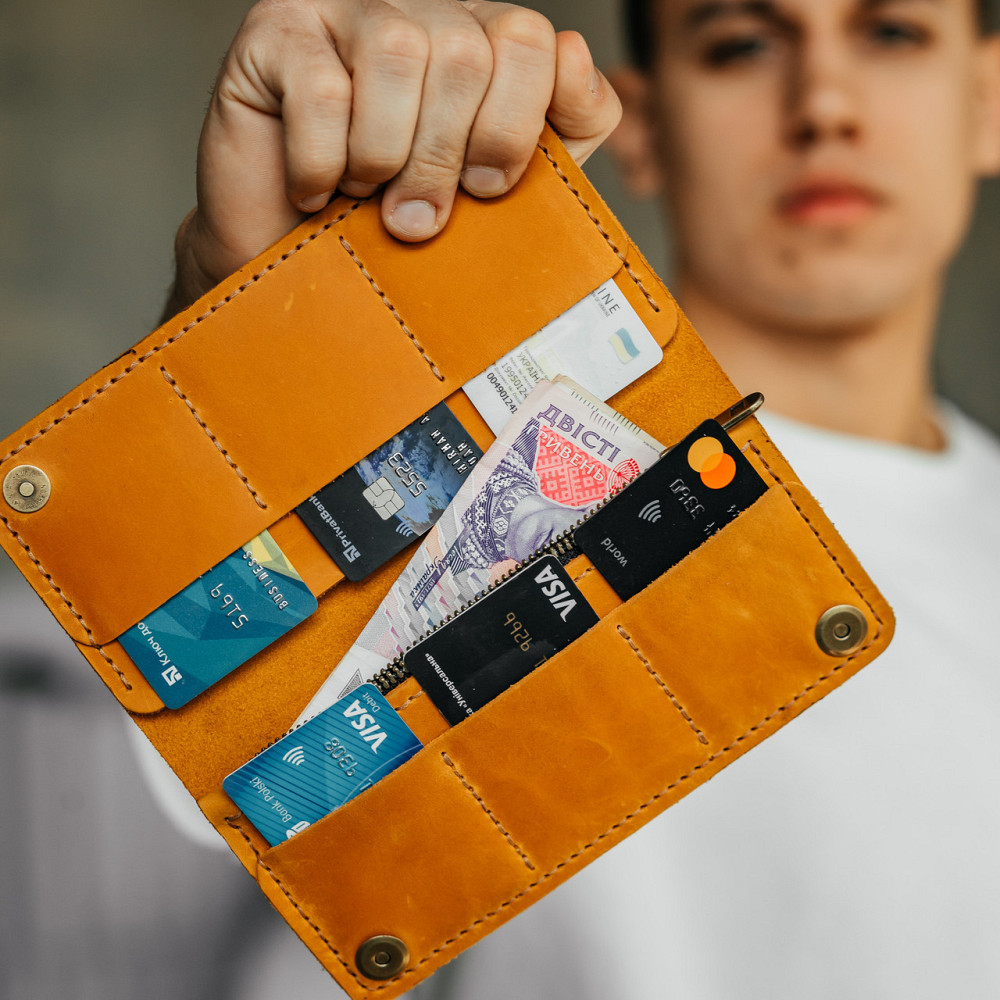 Клатч чоловічий шкіряний Лонгер Рудий стильний на кнопках 20х10 см з відділеннями для купюр, карт та монетMasterSem Київ - фото 2