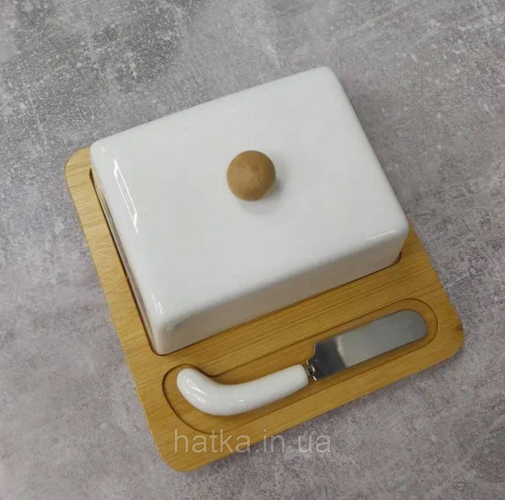 Маслянка керамічна на дерев'яній підставці з ножем "Стокгольм" 18*16 см Київ - фото 2