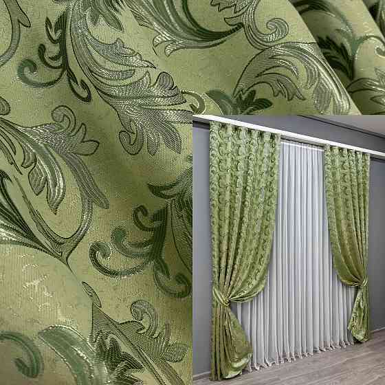 Комплект готовых штор VR-Textil Жаккард Завиток с люрексом № 1649ш Оливковый 145х270 см 2 шт (33-0531) Киев