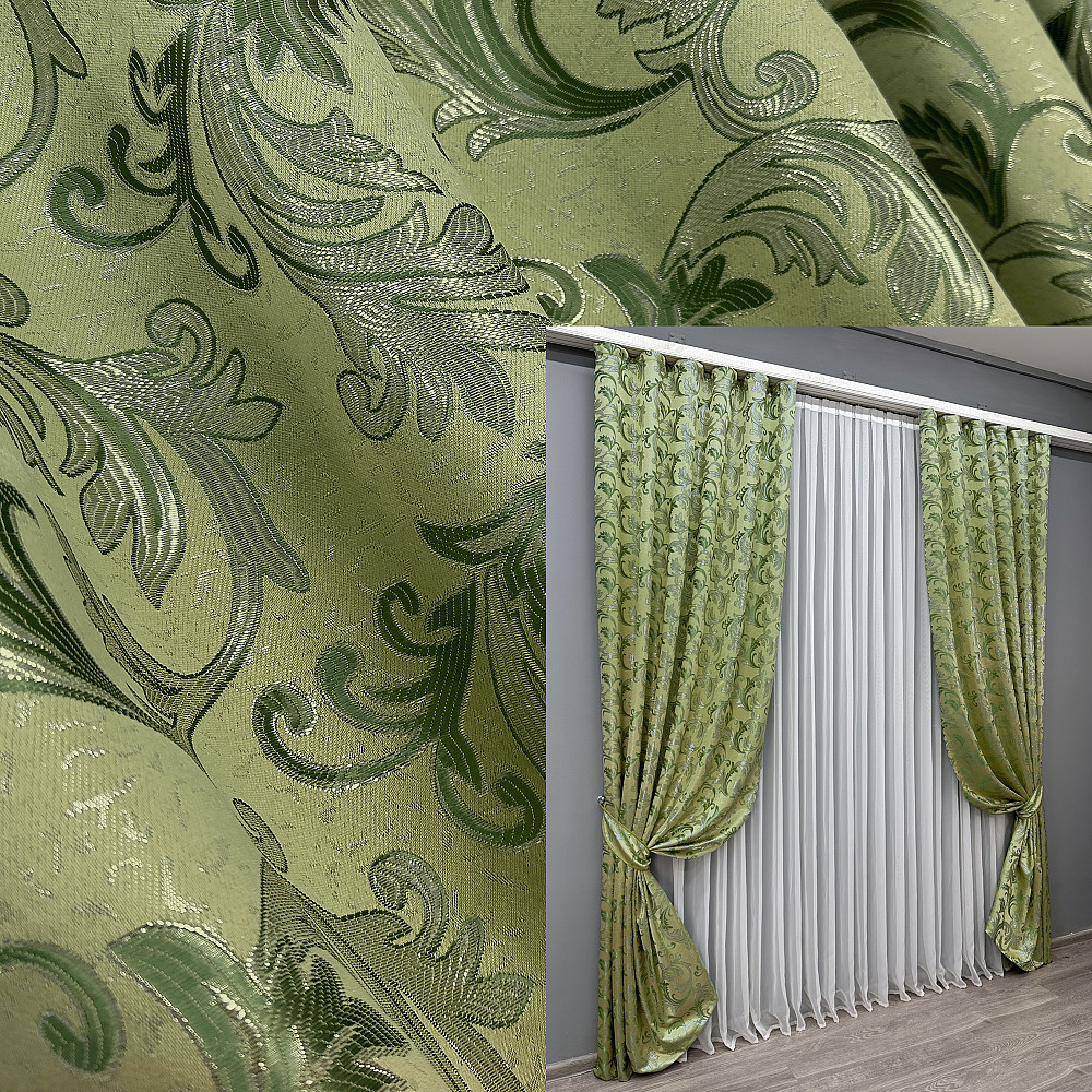 Комплект готовых штор VR-Textil Жаккард Завиток с люрексом № 1649ш Оливковый 145х270 см 2 шт (33-0531) Киев - изображение 1