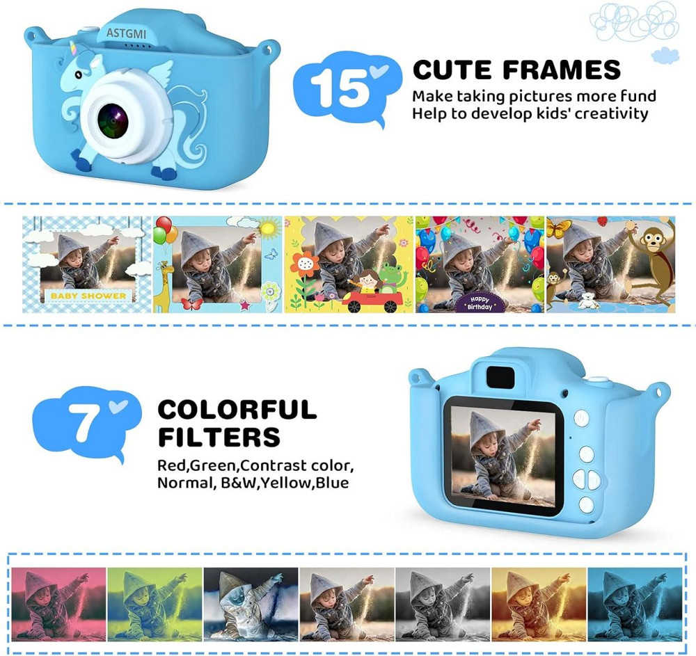 Дитяча цифрова камера ASTGMI C3Pro, 2.0” дисплей, 12МП, з SD-картою 32 ГБ та силіконовою кришкою, синя, подарунок дитині Київ - фото 5