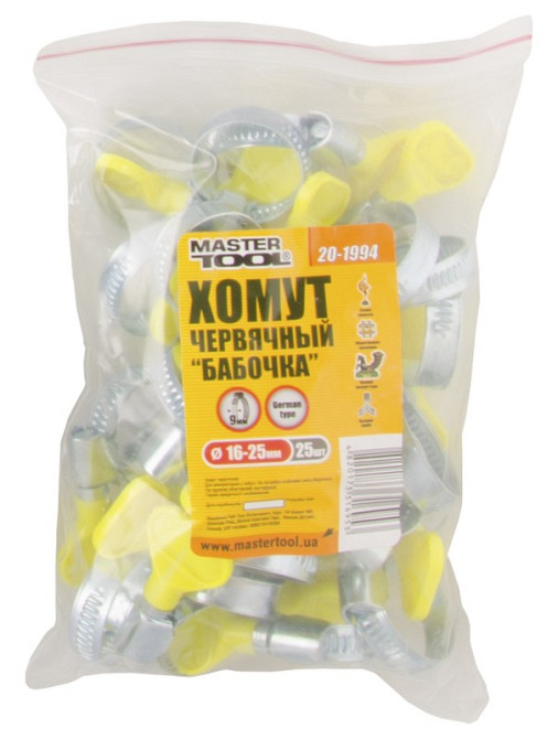MASTERTOOL Хомут черв'ячний MASTERTOOL German type "Метелик" W1 DIN 3017 9.0 мм Ø 16-25 мм 25 ш Коломия - фото 2