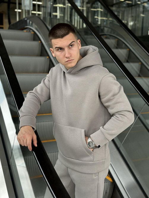 Теплое мужское худи на флисе с капюшоном стальное Pobedov 008 ЗИМА Киев - изображение 6