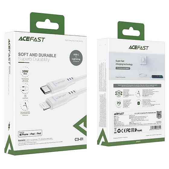 Кабель Type-C - Lightning ACEFAST C3-01 3A 30W TPE TPE конектори колір білий AFC3-01W Одеса