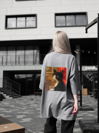 Парні футболки оверсайз(oversize) для чоловіка і дружини, для закоханих пар SANE з принтом кіт стрес сірі Одеса