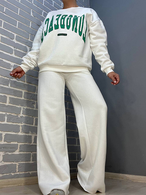 Костюм жіночий Quzen 388-488 подовжений світшот напис брюки палаццо широкі утеплений на флісі білий, білий, S Київ - фото 17