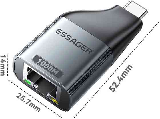 Адаптер Essager Type-C на RJ-45 1000 Мбит серый для ноутбука и телефона, переходник Тайп-С на сетевой кабель Ethernet LAN Николаев