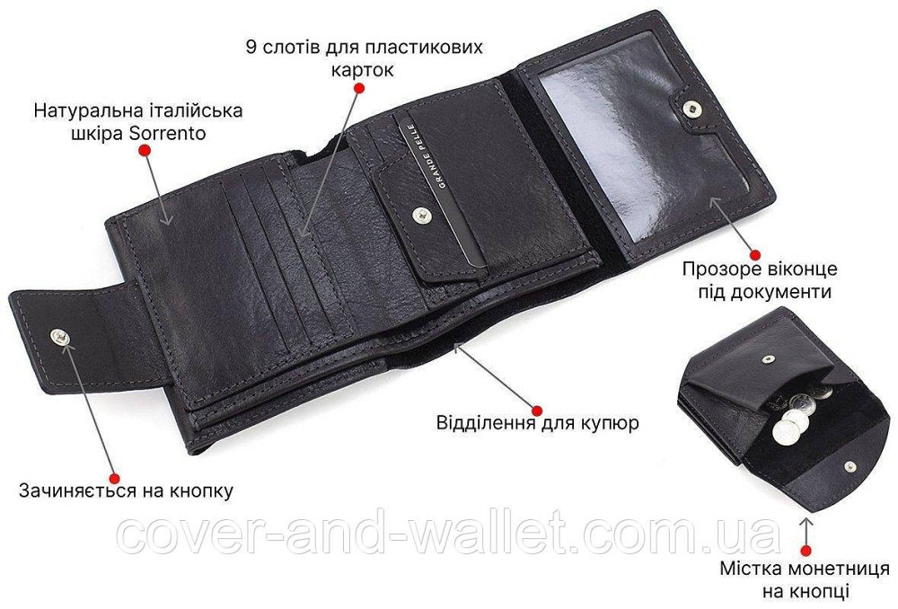 Солідний чоловічий гаманець з італійської шкіри чорного кольору Grande Pelle 502410 Київ - фото 5