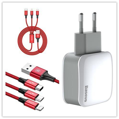Кабель с зарядным BASEUS Dual Charger + 3in1 Cable 1.2M красный TZCL-D92 Киев - изображение 2