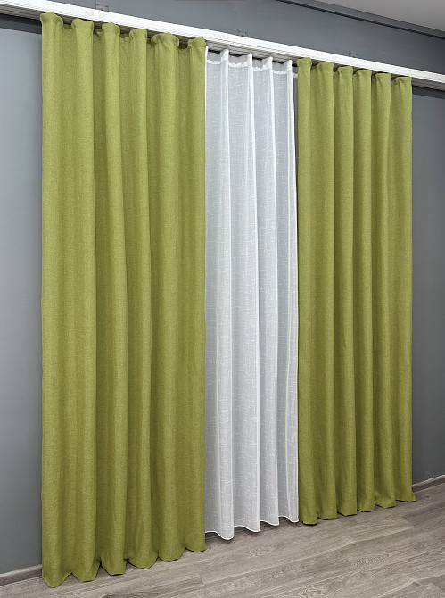 Комплект штор VR-Textil Лен Мешковина 150х270 2шт и Тюль 500х270 106ш-115т Оливковый с белым 71-025/4 Киев - изображение 3