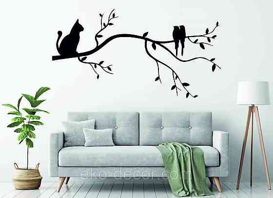 Декоративное настенное Панно «Птички и кот на ветке», Декор на стену 70*36 см, Черный Киев