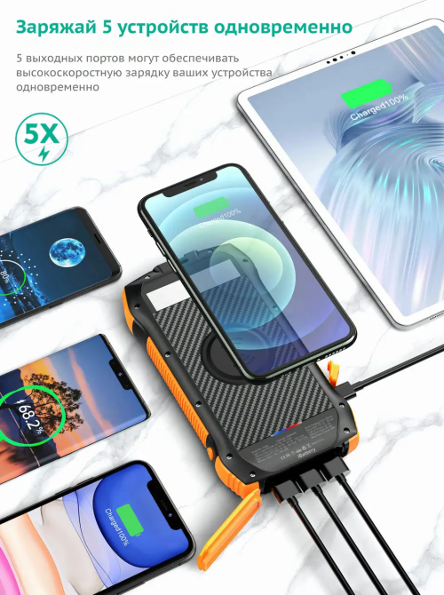 Универсальная зарядная батарея iBattery F33W 33500 mAh + солнечная панель + фонарик (Черно-оранжевый) Винница - изображение 9