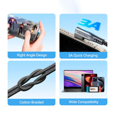 Дата кабель USB-C to USB-C 0.5m USB2.0 60W (20V/3A) angle 90° Gray Aluminum Alloy Vention (TRAHD) Вінниця - фото 9