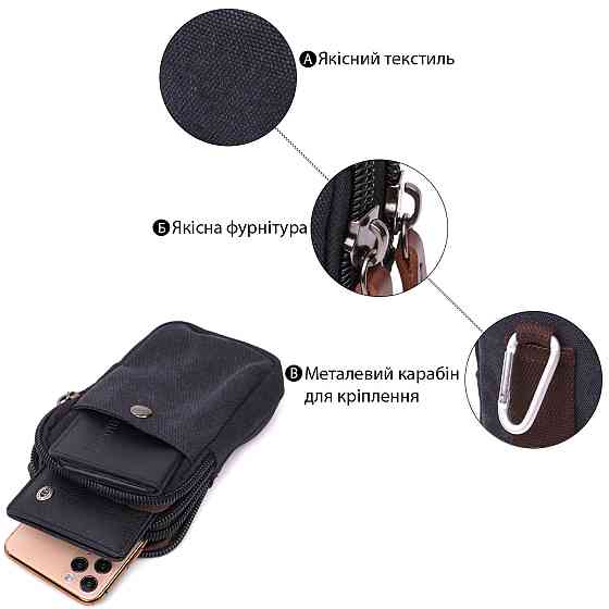 Сумка-чехол на пояс с металлическим карабином из текстиля Vintage 22223 Черный Киев