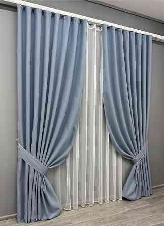 Комплект штор VR-Textil 100% блекаут ASHEN NIGHT 100х270 2шт і Тюль 300х270 1839ш-1153т блакитний з білим 71-069/1 Київ