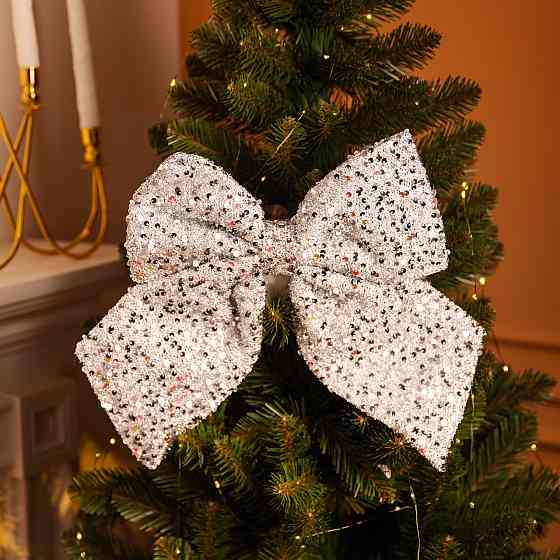 Бант новорічний для декору з паєтками на ялинку 35×45 (см) Сріблястий CR-2-27 Коломыя