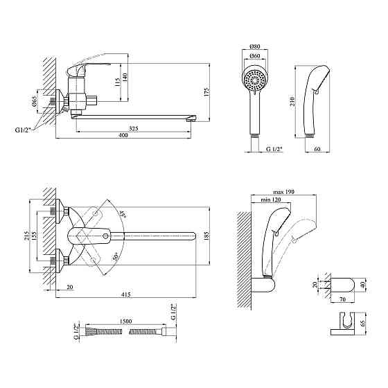 Змішувач для ванни Kroner KRP Konstante - C070 з душовим гарнітуром, хром Київ