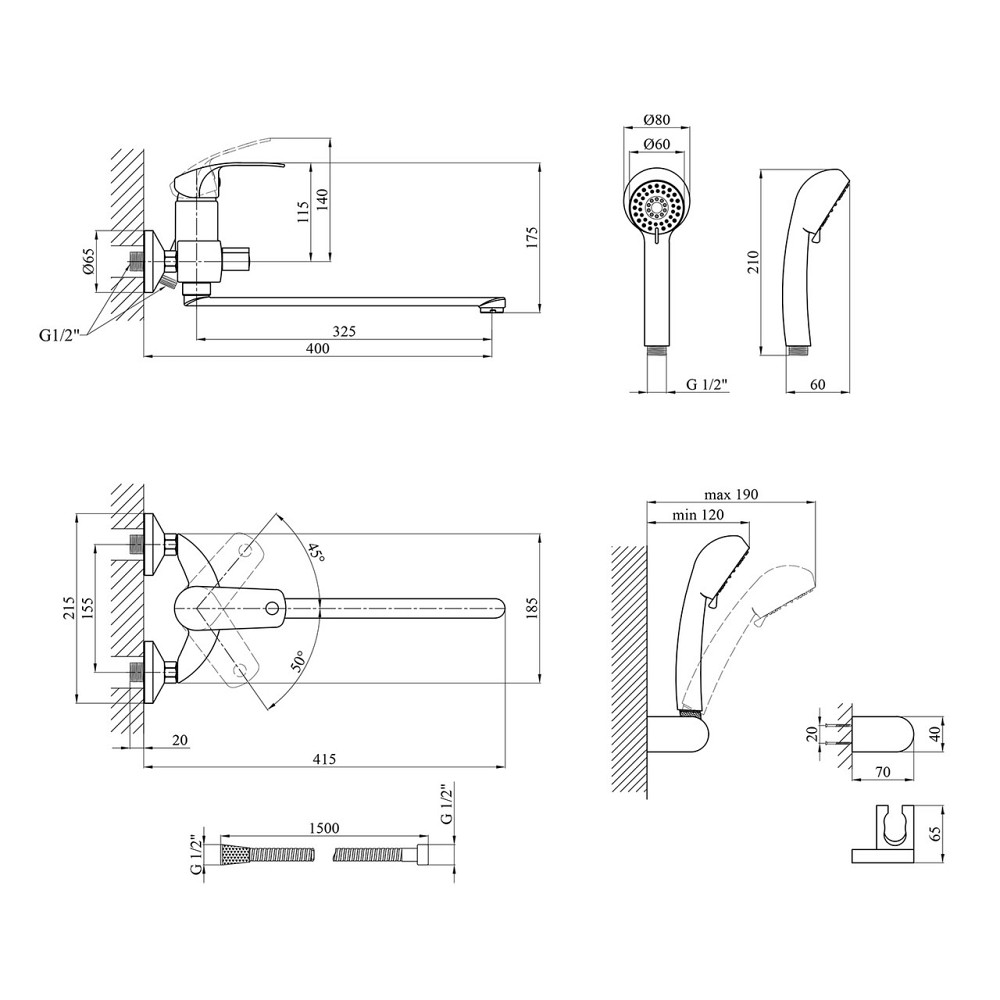Змішувач для ванни Kroner KRP Konstante - C070 з душовим гарнітуром, хром Київ - фото 2