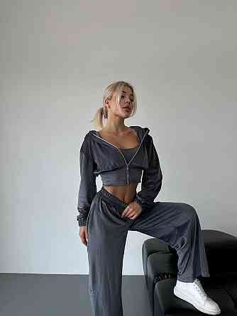 Жіночий стильний прогулянковий костюм-двійка: кофта та штани велюр-плюш Графіт, 48/50 Одеса