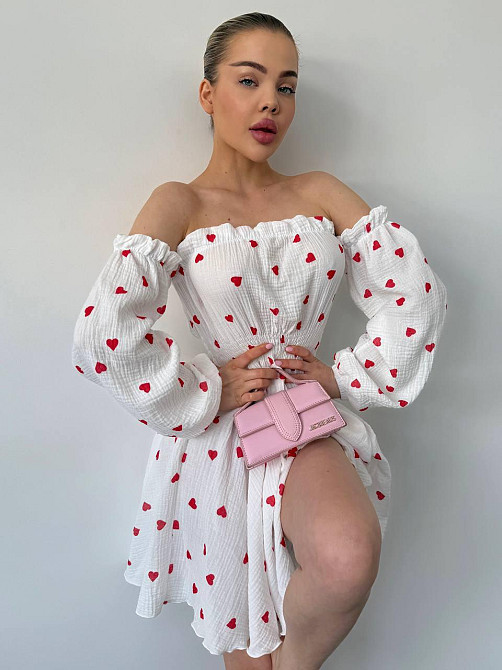 Жіноча романтична міні сукня у сердечки з відкритими плечами муслін 100% бавовна Одеса - фото 8