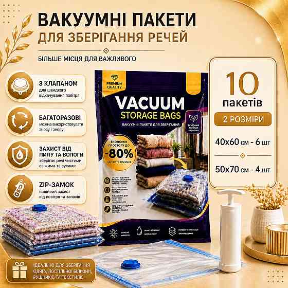 Вакуумные пакеты 10шт 1 ручной насос для одежды вещей багажа, с зип-замком мешки вакуумные для хранения с насосом прозрачные Каменец-Подольский