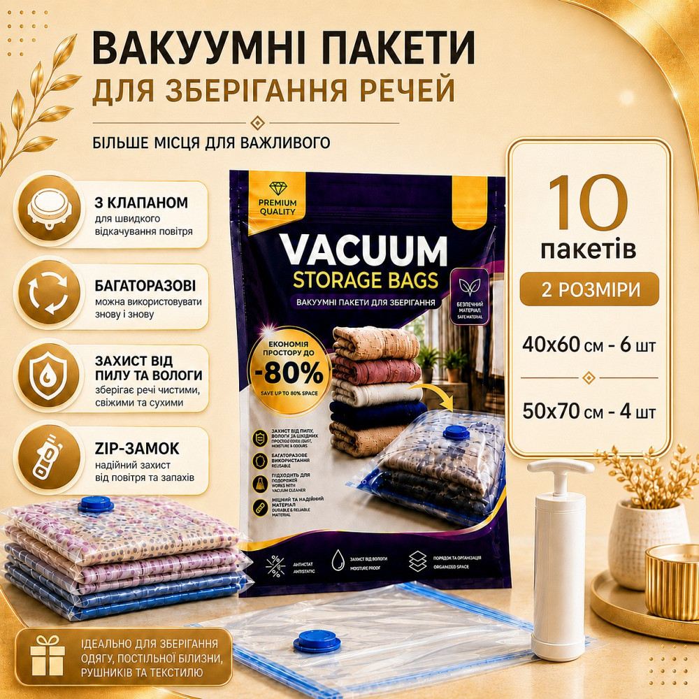 Вакуумные пакеты 10шт 1 ручной насос для одежды вещей багажа, с зип-замком мешки вакуумные для хранения с насосом прозрачные Каменец-Подольский - изображение 3