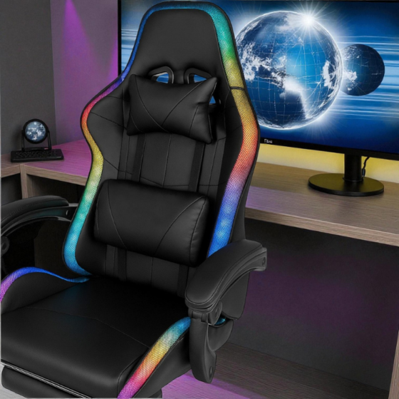 Компьютерное игровое геймерское кресло с подсветкой RGB, кресло для компьютера офисное черное прочное с подставкой для ног Львов