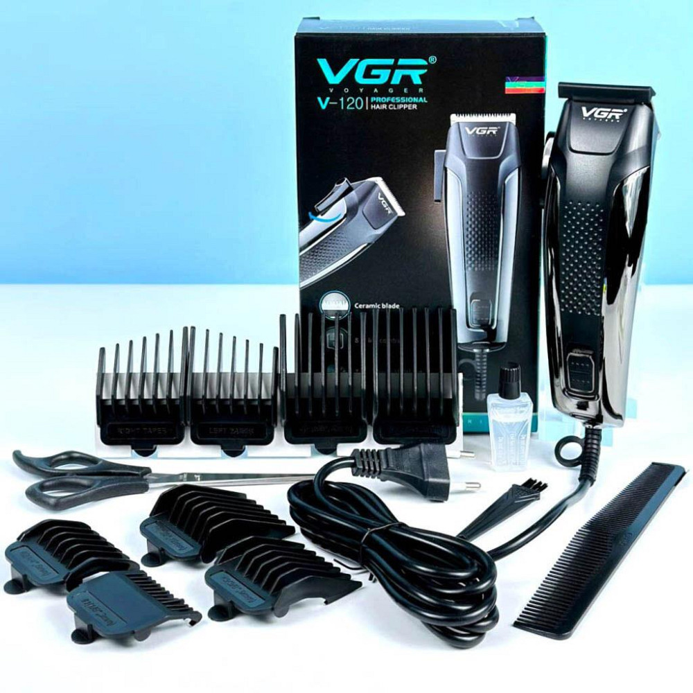 Машинка-триммер VGR V-120 для волосся та бороди з 8 насадками 3-20 мм, керамічні леза, чорний Одеса - фото 1
