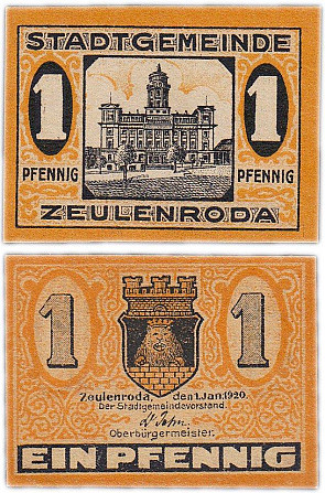НІМЕЧЧИНА. ZEULENRODA. 1 пфеніг 1920р. UNC Полтава - фото 1