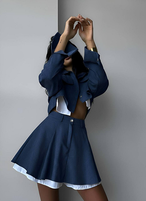 Женский стильный костюм двойка: пиджак и юбка микровельвет. Джинс, 42/44 Одесса - изображение 3