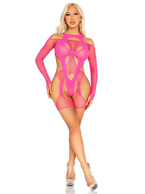 Бодистокинг Leg Avenue Fishnet Garter Harness and Teddy One Size Neon Pink Sex Aura Киев - изображение 5