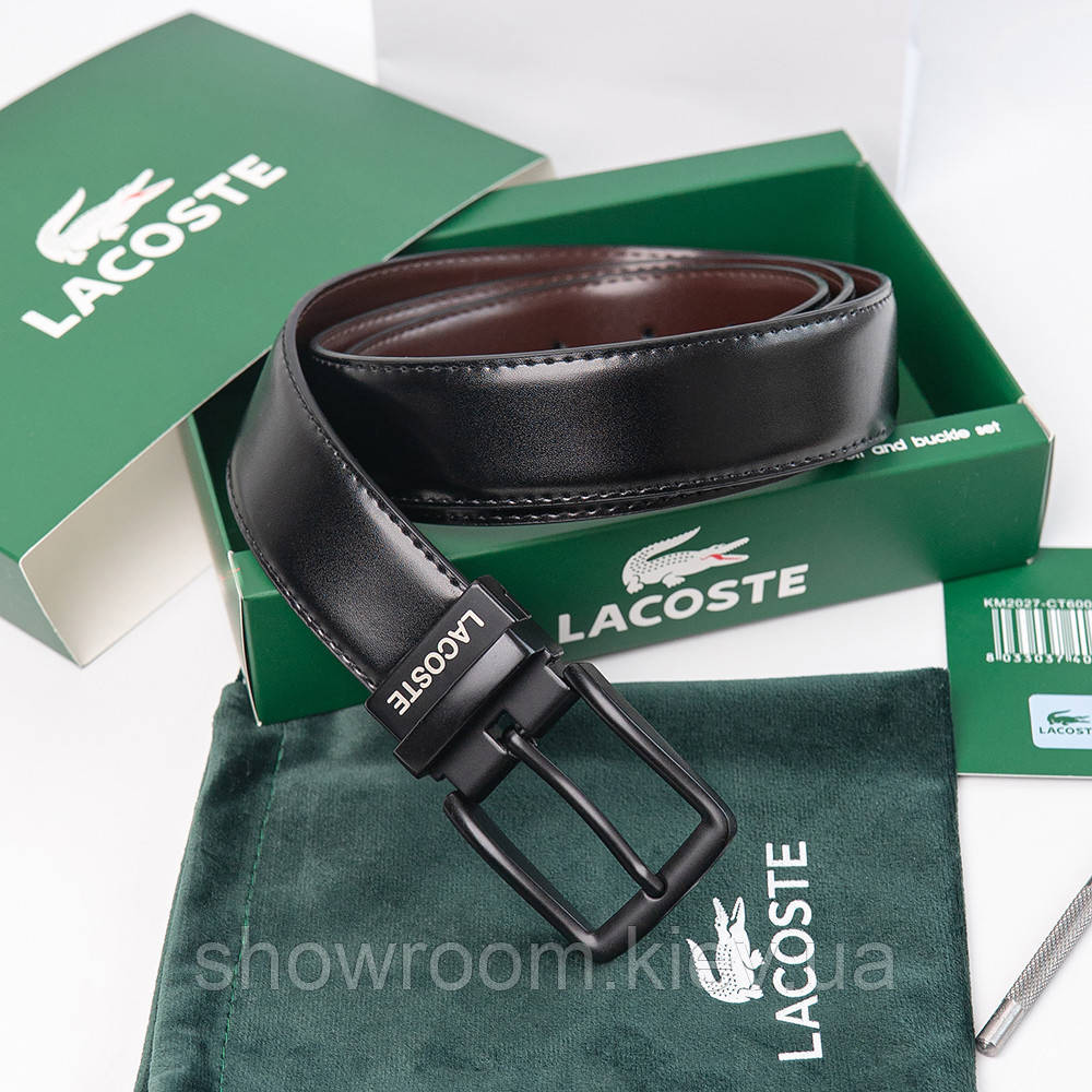 Чоловічий шкіряний двосторонній ремінь із чорною пряжкою Lacoste (984) Київ - фото 3