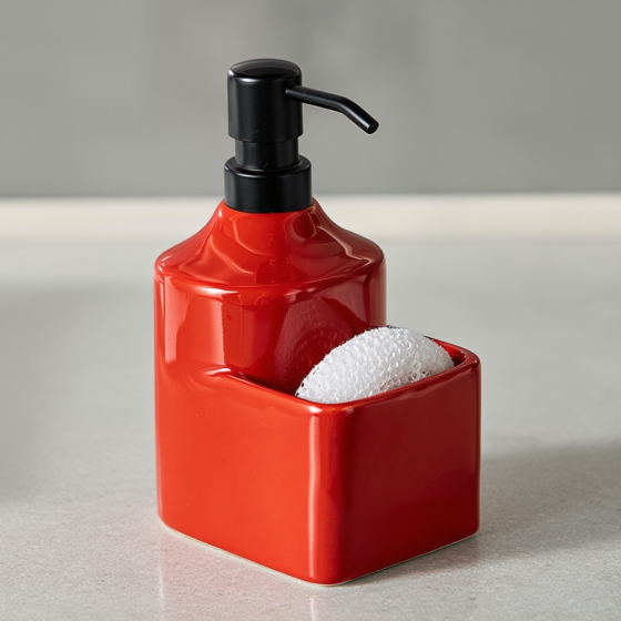 Диспенсер-дозатор для мила керамічний для ванної та кухні 380 мл, для рідкого мила та миючого засобу, червоний Кам'янець-Подільський
