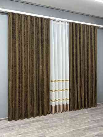 Комплект штор VR-Textil Льон Мармур 200х270 2шт і Тюль 500х270 1261ш-1579т Коричневий з молочним 71-161/6 Київ