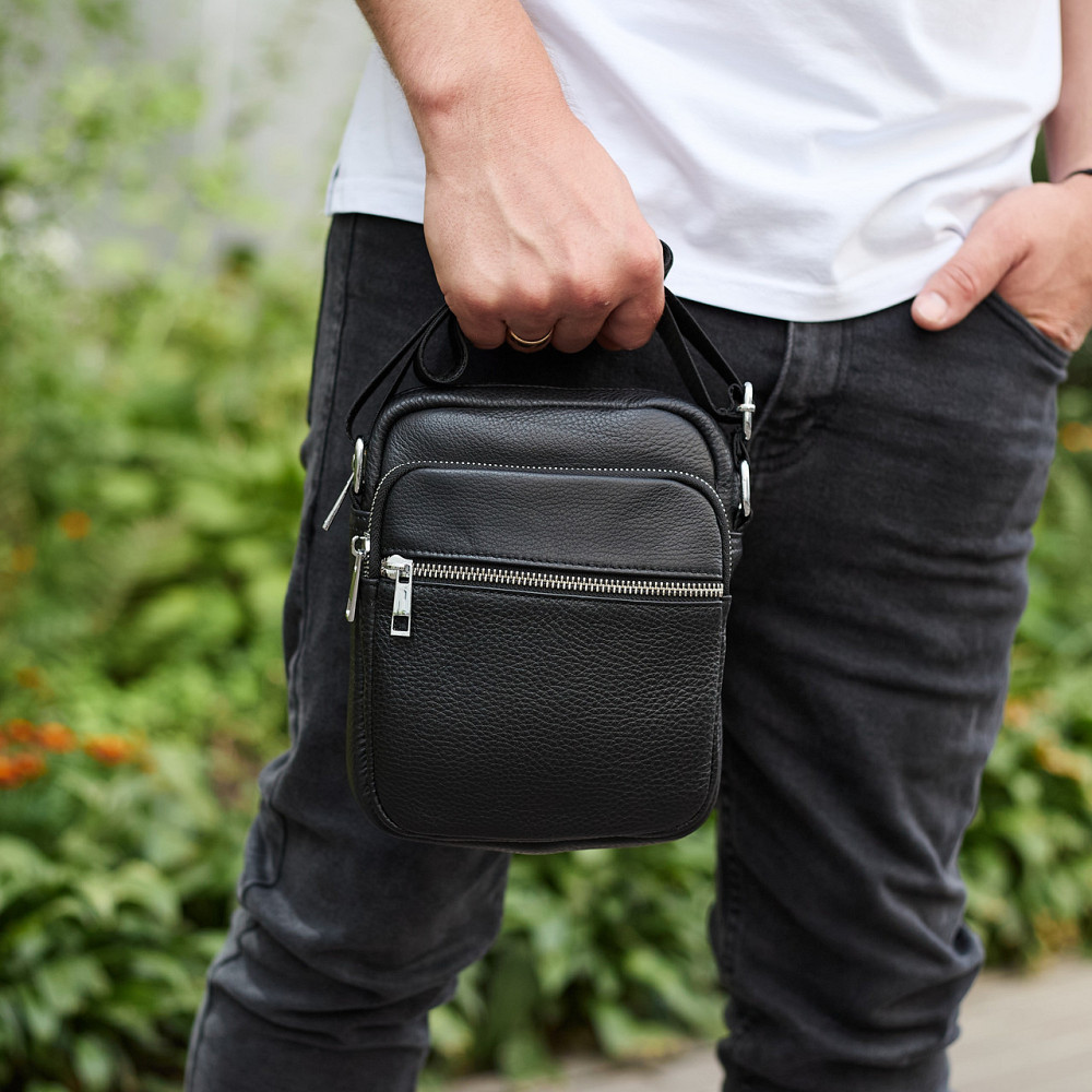 Чоловіча шкіряна барсетка 21х17х7, сумка для міста, компактний месенджер для щоденного використання, чорна Кам'янське - фото 9