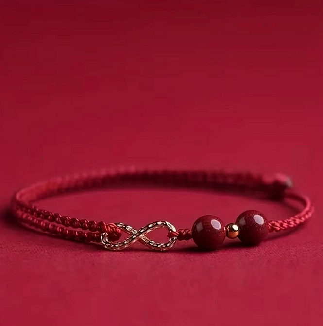 Браслет на удачу с символом бесконечности винного цвета, Регулируемый талисман из шнурка и бусин Киев - изображение 1