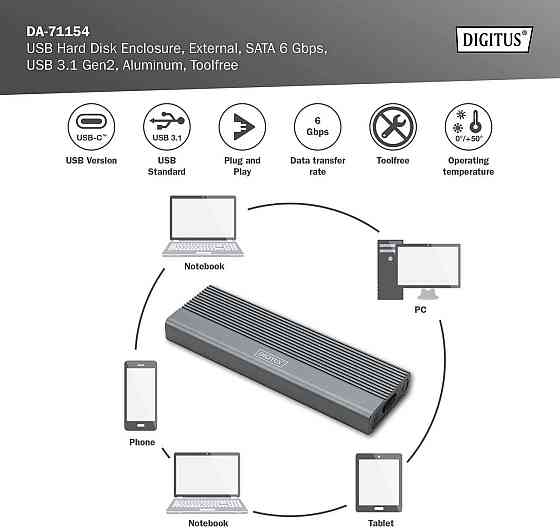 Корпус для M.2 SSD Digitus DA-71154 серый USB 3.1 Gen2 Type-C 6Gbps SATA B-Key 2230/2242/2260/2280 tool-free Киев