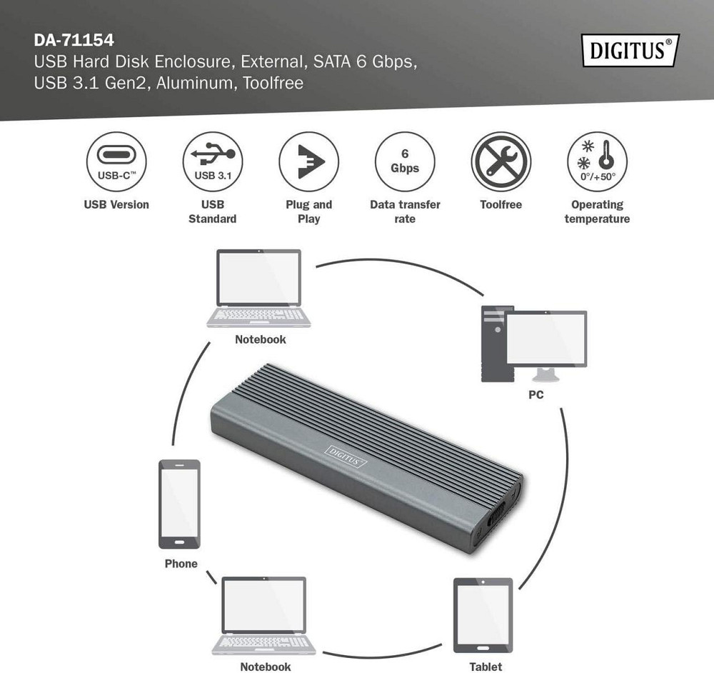 Корпус для M.2 SSD Digitus DA-71154 серый USB 3.1 Gen2 Type-C 6Gbps SATA B-Key 2230/2242/2260/2280 tool-free Киев - изображение 3