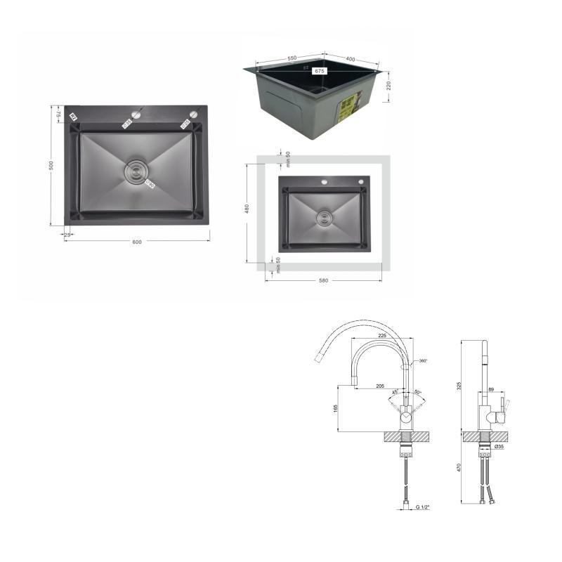 Акційний набір Lidz: мийка інтегрована Decor Black PVD Honeycomb 2,5/0,5 мм + Змішувач Aria для кухні з гнучким виливом (k35) Київ - фото 2