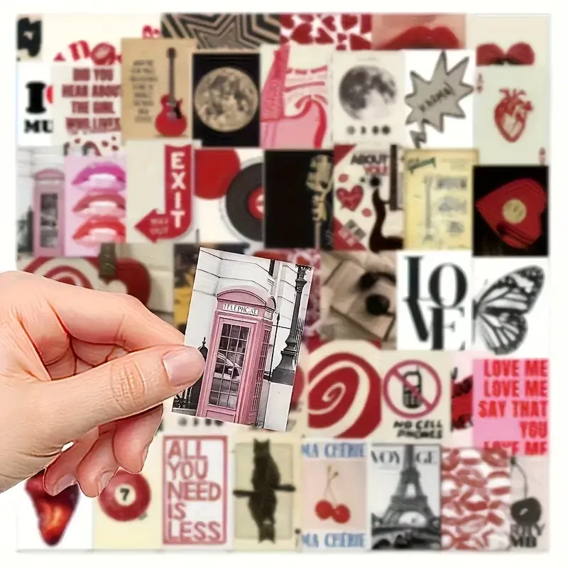 Набір стікерів “Love & Music” – 50 штук, арт і вінтажний стиль, Париж, губи, полуниця Київ - фото 4