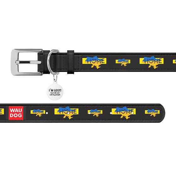 Нашийник для собак шкіряний WAUDOG Design з QR-паспортом, малюнок "Дом", XL, Ш 35 мм, Д 46-59 см, чорний Вінниця