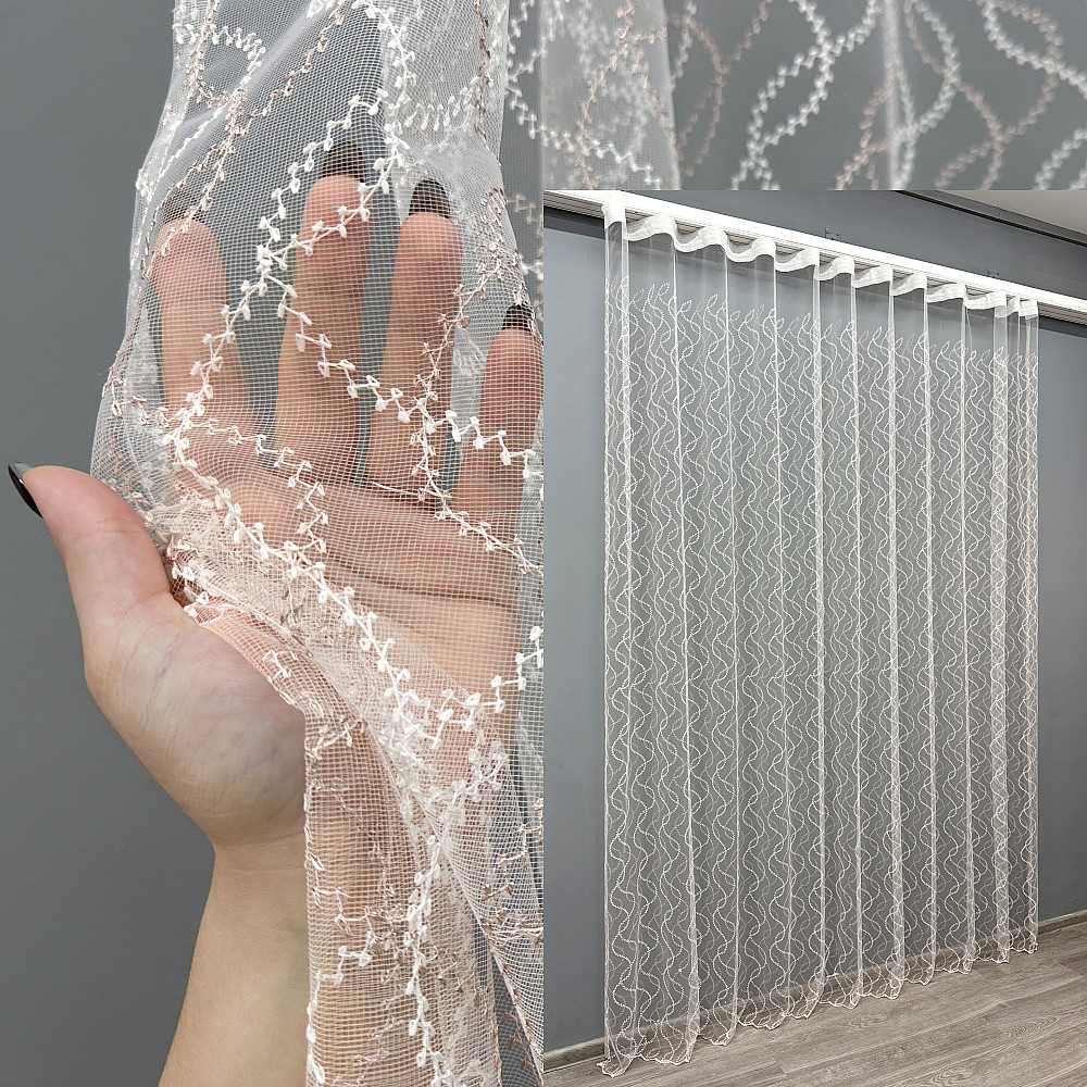Тюль VR-Textil 1835т Фатин с вышивкой и люрексом Молочный с пудровым 300х270 см (40-189) Киев - изображение 1